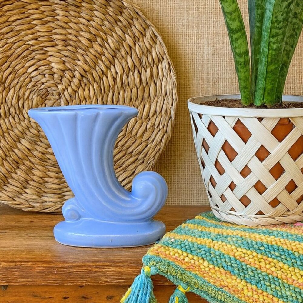 Shawnee Pottery Cornucopia Vase Vintage Pastel Blue Glazed Fluted 6.5" Art Deco